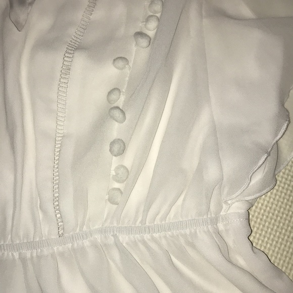 Bebe Pom Ruffle Drop Waist White Blouse Chiffon Top V-Neck Sheer Work Career - Picture 6 of 14